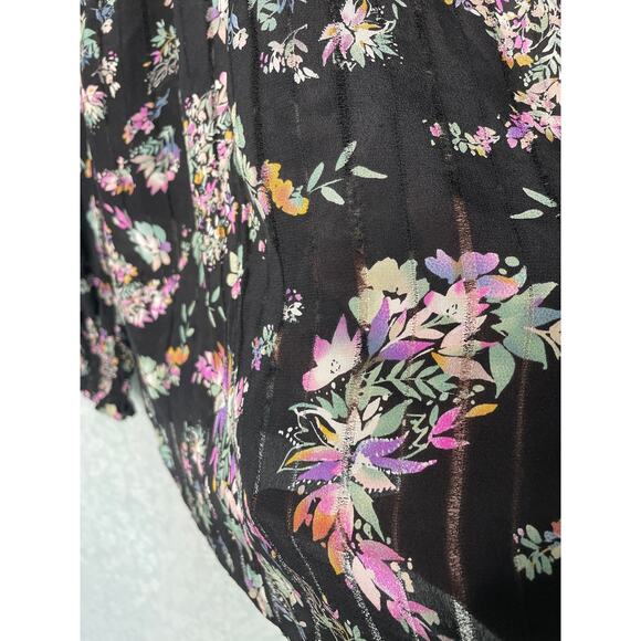 Rebecca Taylor Black Silk Floral Bouquet Keyhole Neck Long Sleeve Top Size 8 - Picture 5 of 11